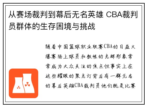 从赛场裁判到幕后无名英雄 CBA裁判员群体的生存困境与挑战