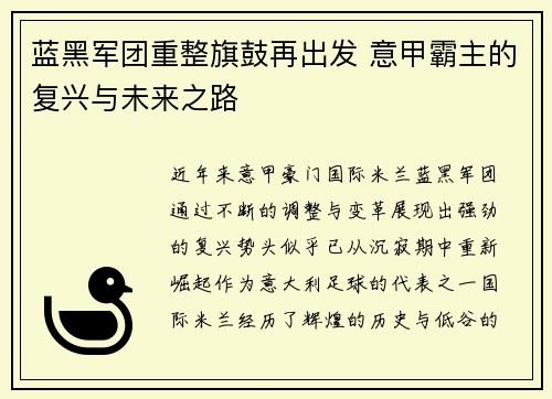 蓝黑军团重整旗鼓再出发 意甲霸主的复兴与未来之路