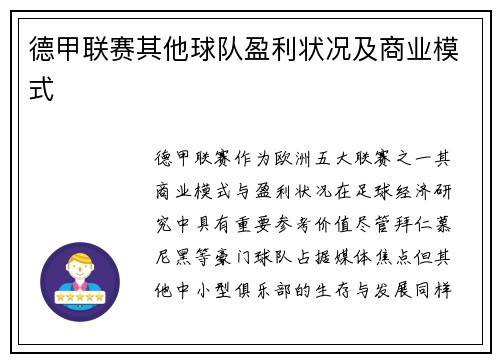 德甲联赛其他球队盈利状况及商业模式