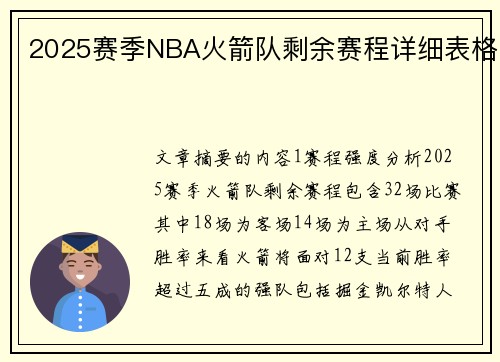 2025赛季NBA火箭队剩余赛程详细表格